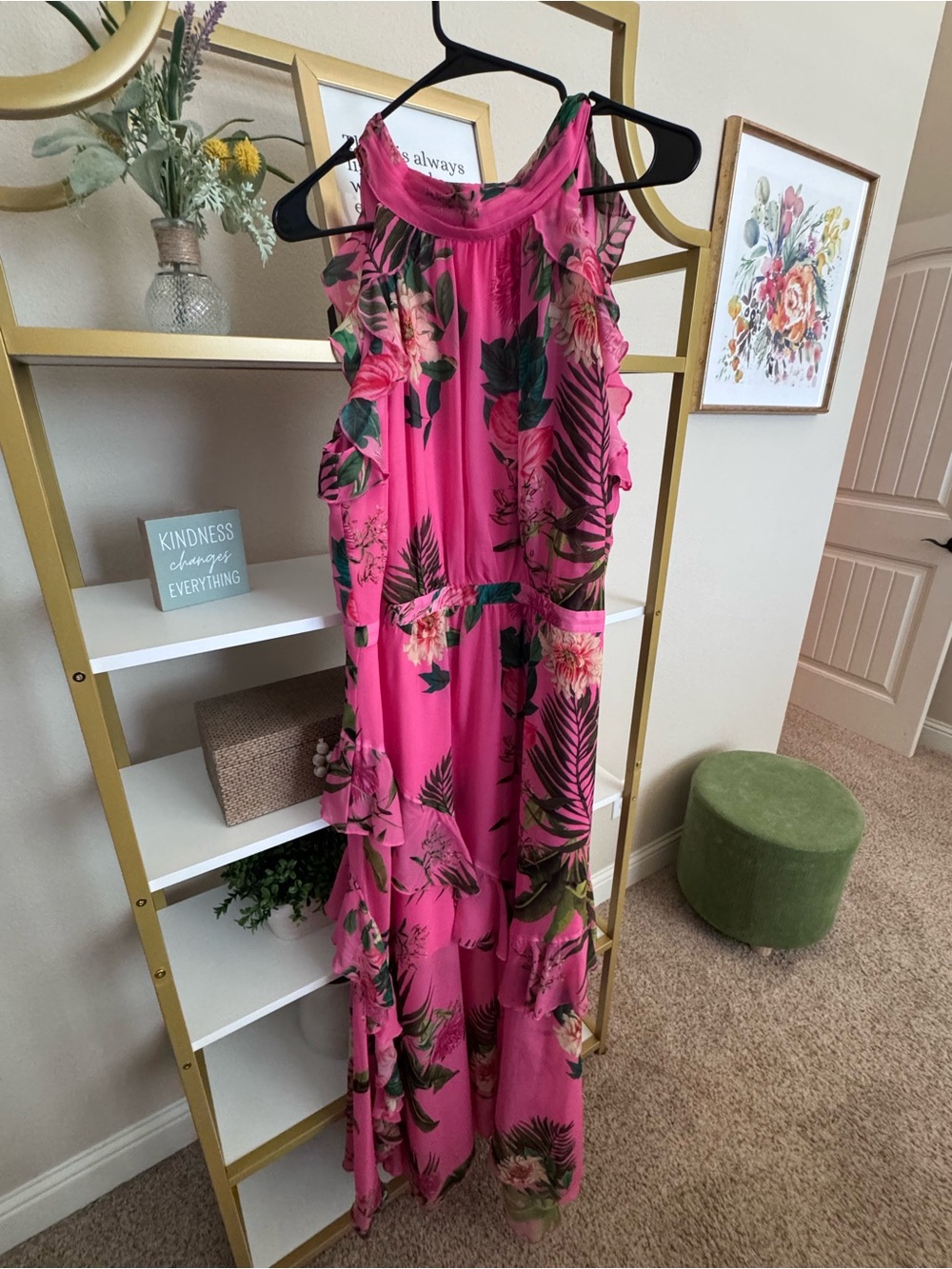 Bright Pink Floral Ruffle Maxi Dress